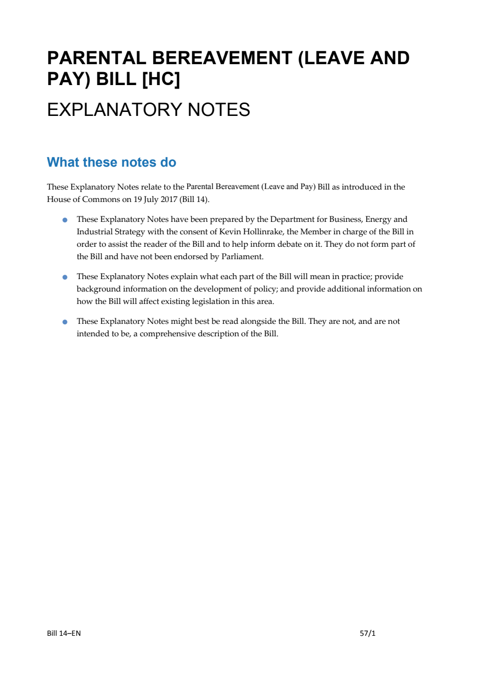 Parental Bereavement (Leave and Pay) Bill Explanatory Notes