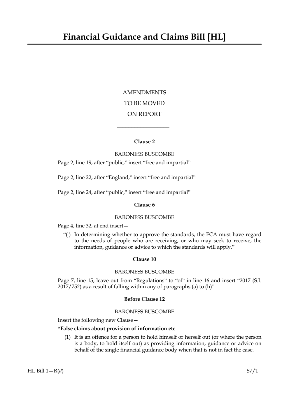 Financial Guidance and Claims Bill Lords Amendments