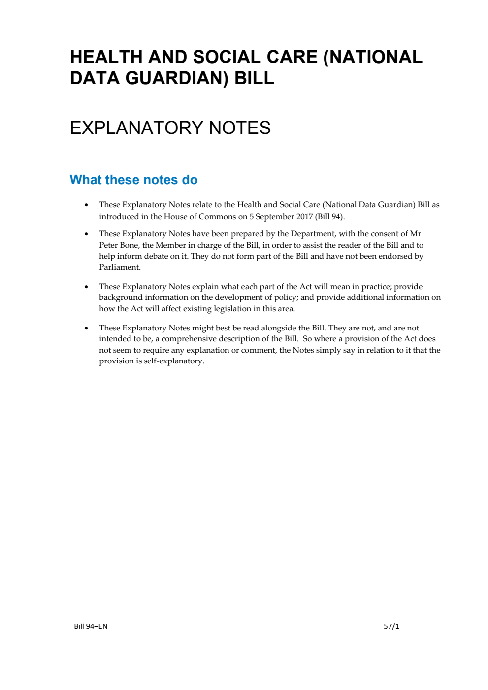 Health and Social Care (National Data Guardian) Bill Explanatory Notes