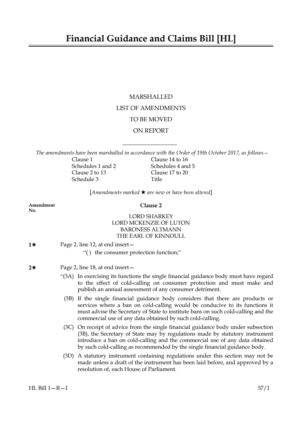 Financial Guidance and Claims Bill Lords Amendments 1st Marshalled List