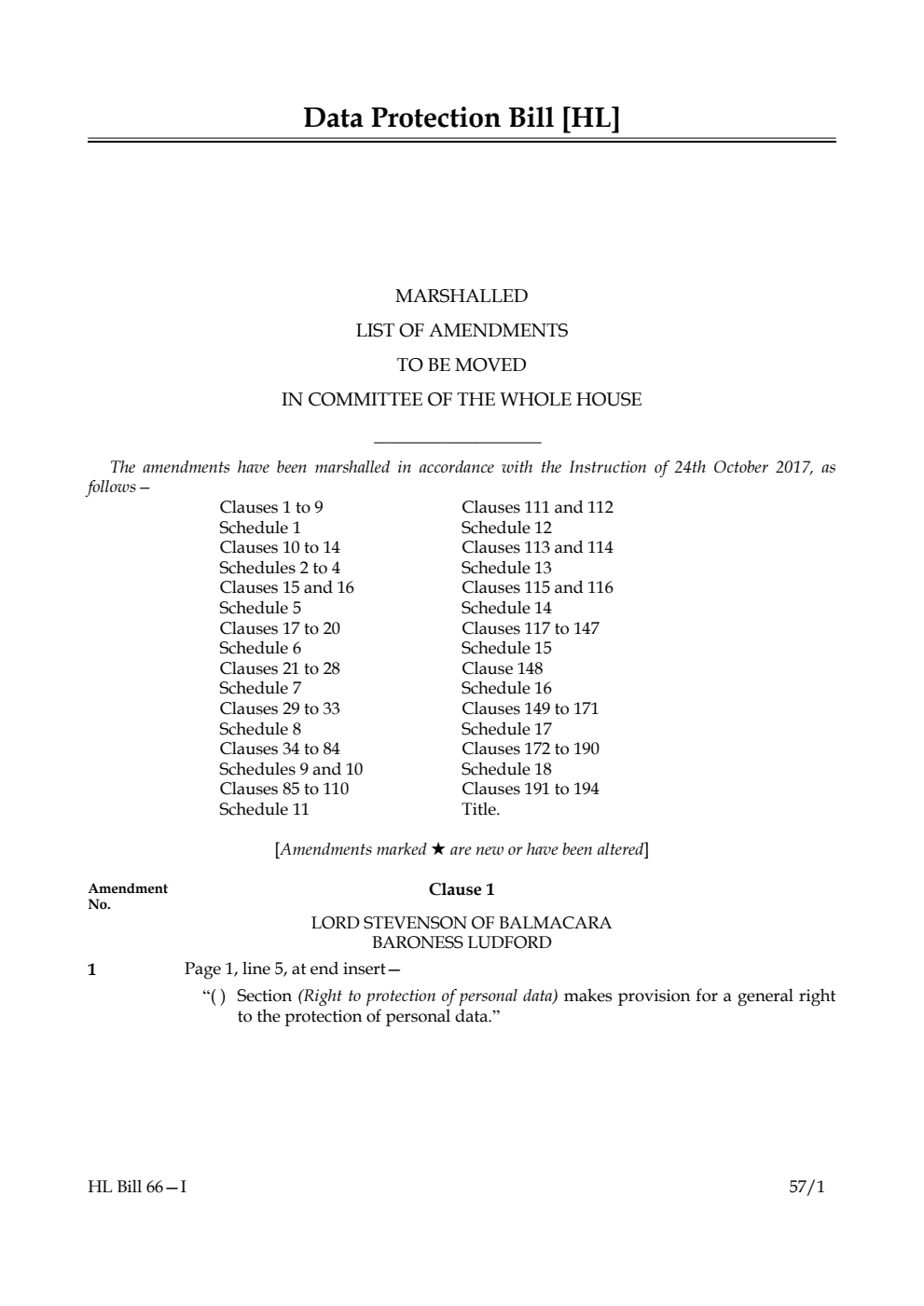 Data Protection Bill Lords Amendments 1st Marshalled List