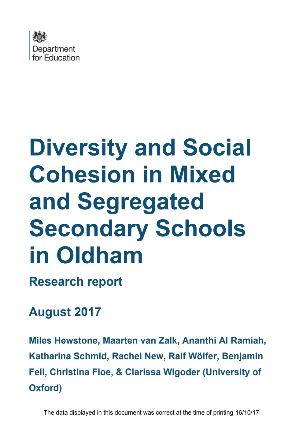 DFE-RR510 Diversity and Social Cohesion in Mixed and Segregated Secondary Schools in Oldham