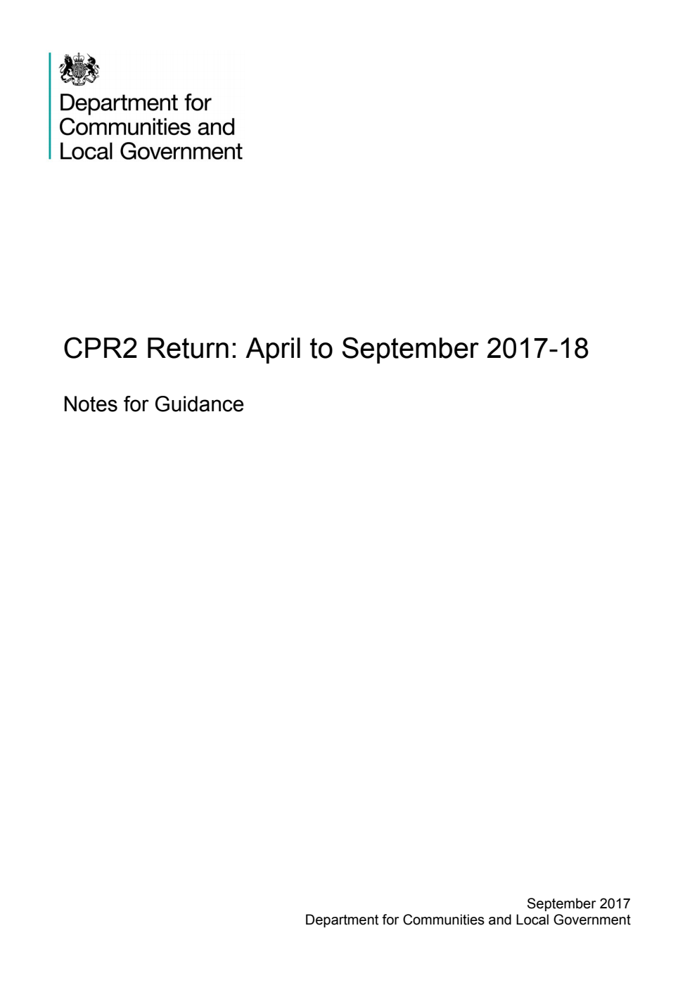 CPR2 Return: April to September 2017-18. Notes for Guidance