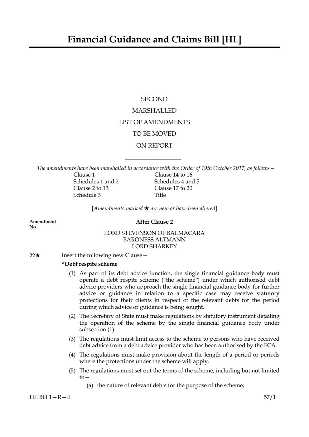 Financial Guidance and Claims Bill Lords Amendments 2nd Marshalled List