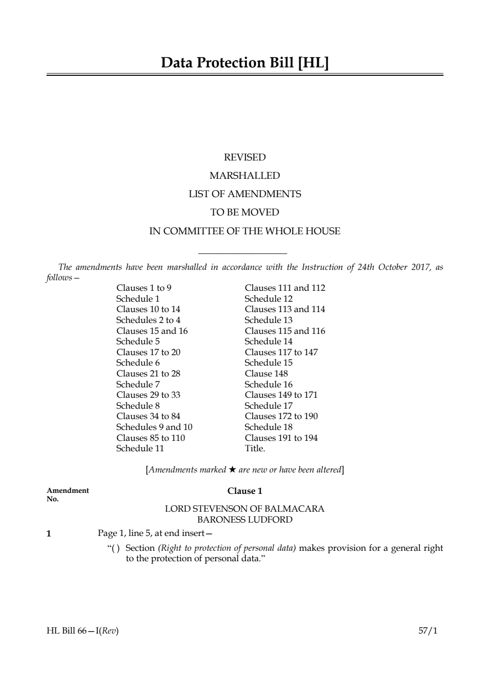 Data Protection Bill Lords Amendments Revised 1st Marshalled List