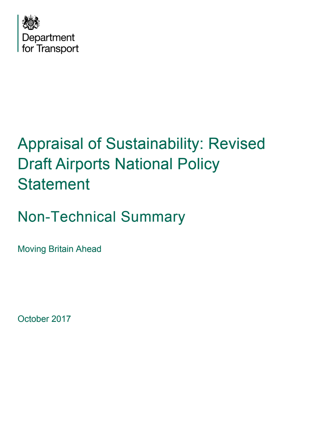 Appraisal of Sustainability : Revised Draft Airports National Policy Statement: Non-Technical Summary: Moving Britain Ahead: October 2017