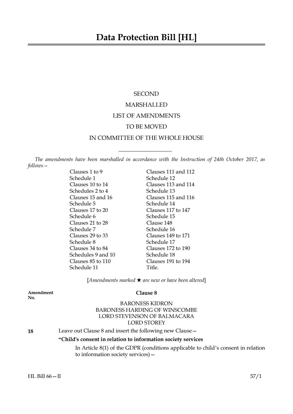 Data Protection Bill Lords Amendments 2nd Marshalled List