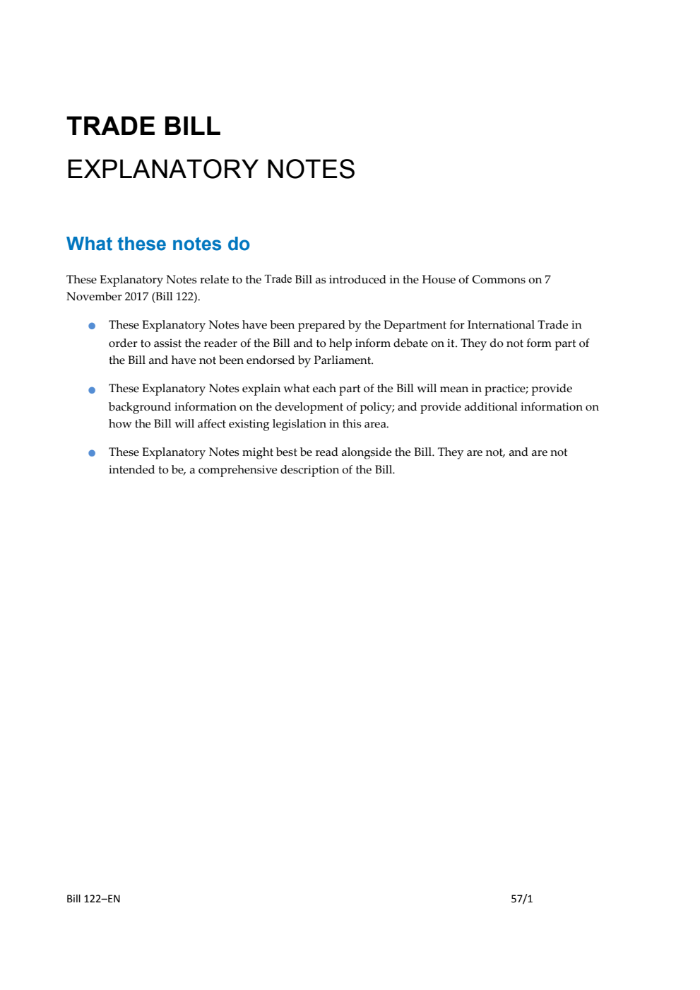 Trade Bill Explanatory Notes