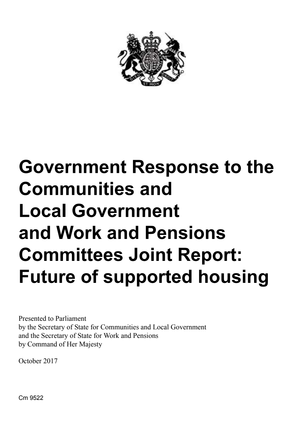 Government Response to the Communities and Local Government and Work and Pensions Committees Joint Report: Future of supported housing