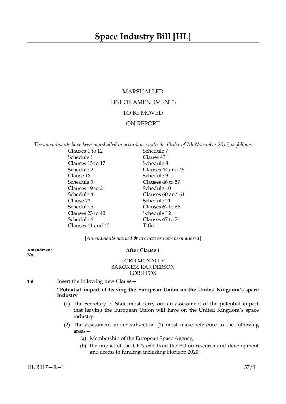 Space Industry Bill Lords Amendments 1st Marshalled List