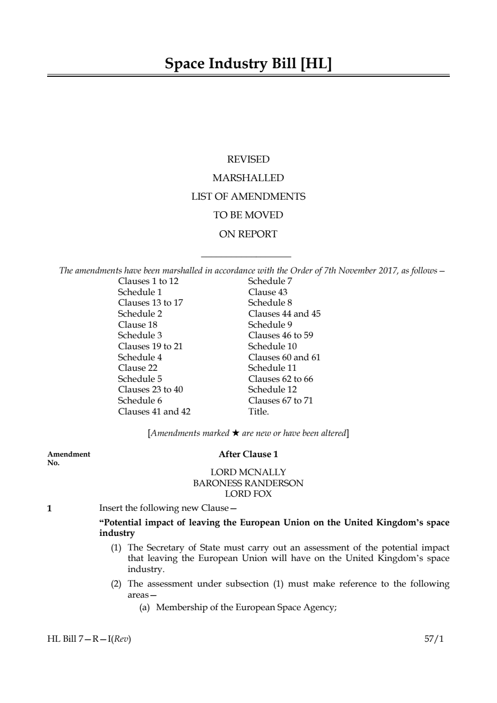 Space Industry Bill Lords Amendments Revised 1st Marshalled List
