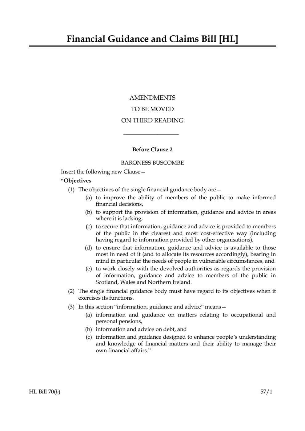 Financial Guidance and Claims Bill Lords Amendments