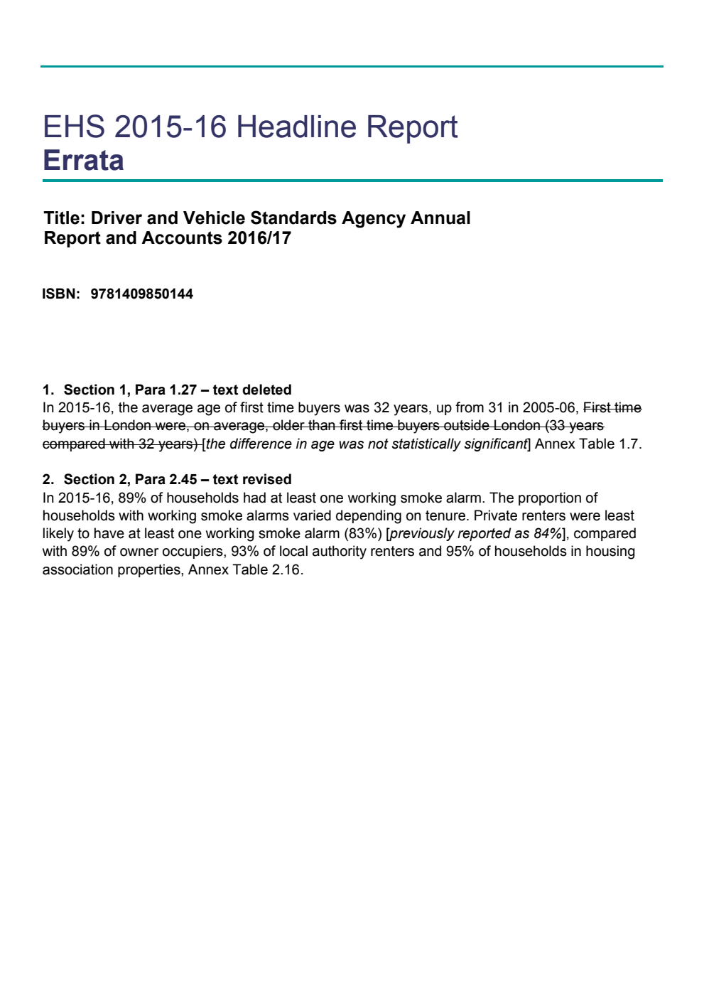 English Housing Survey Headline Report, 2015-16 Correction Slip, November 2017
