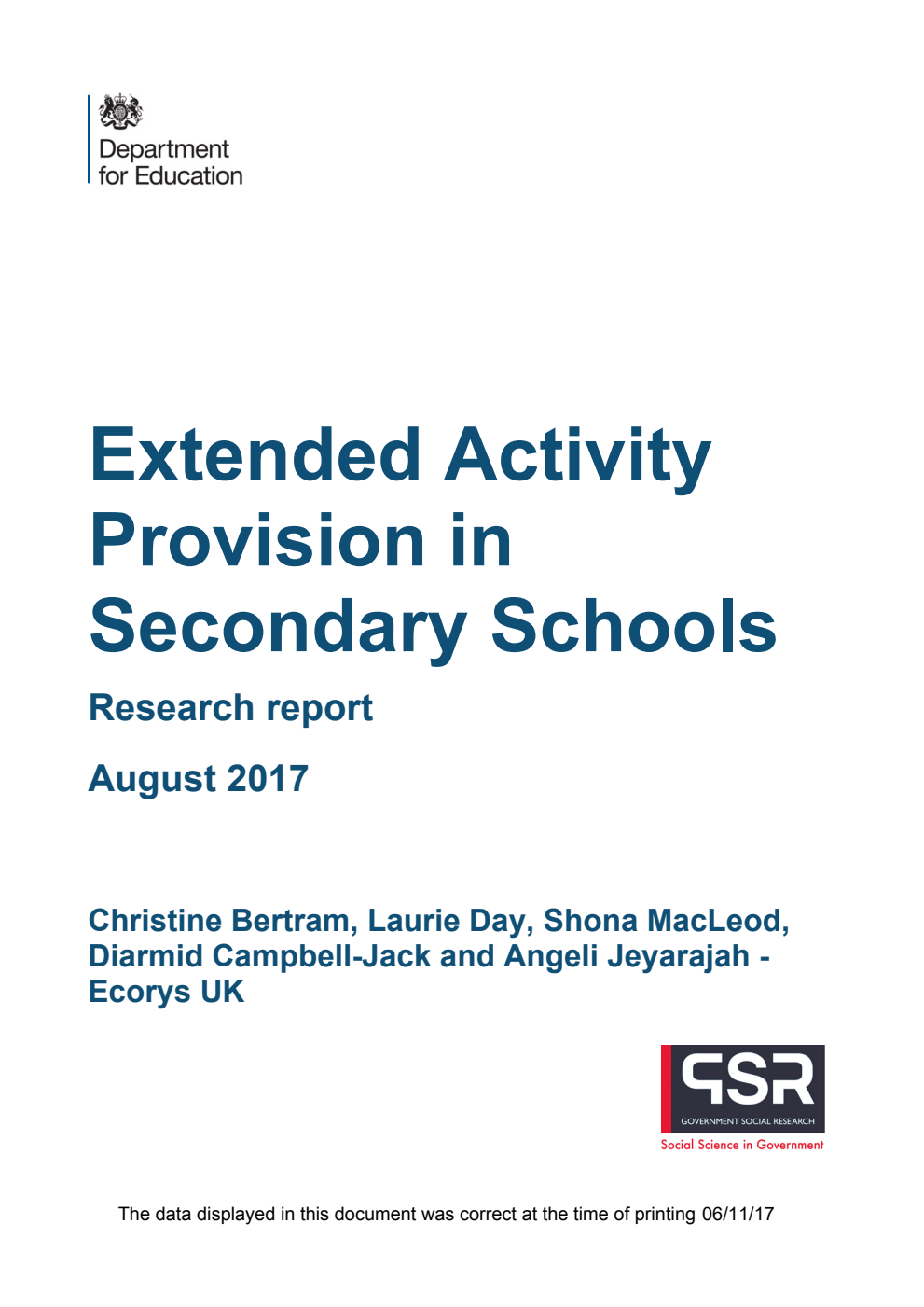 DFE-RR721 Extended Activity Provision in Secondary Schools