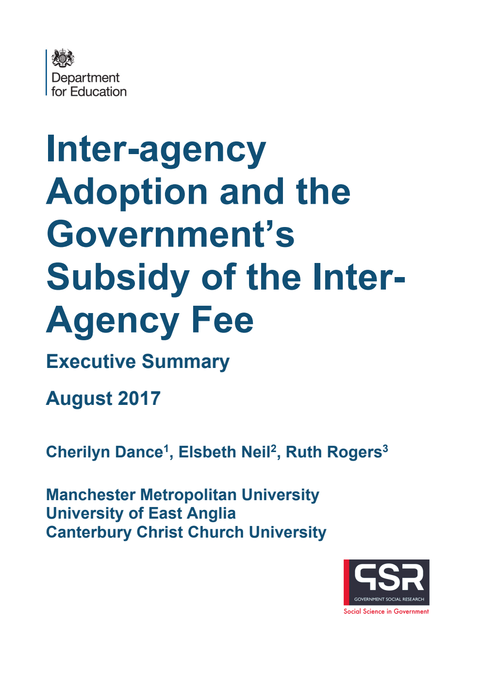 DFE-RR724 Inter-agency Adoption and the Government’s Subsidy of the InterAgency Fee Executive Summary