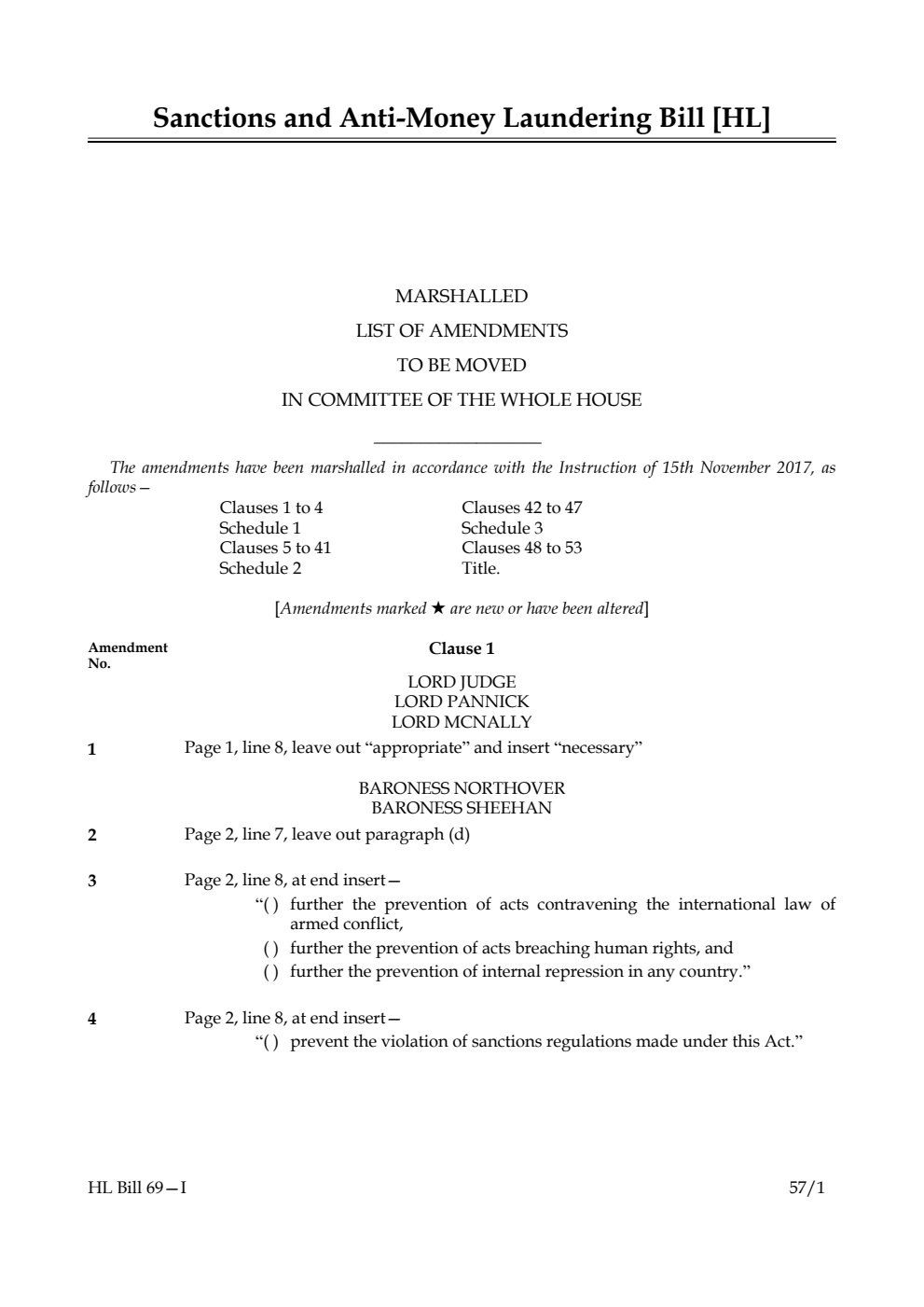 Sanctions and Anti-Money Laundering Bill Lords Amendments 1st Marshalled List