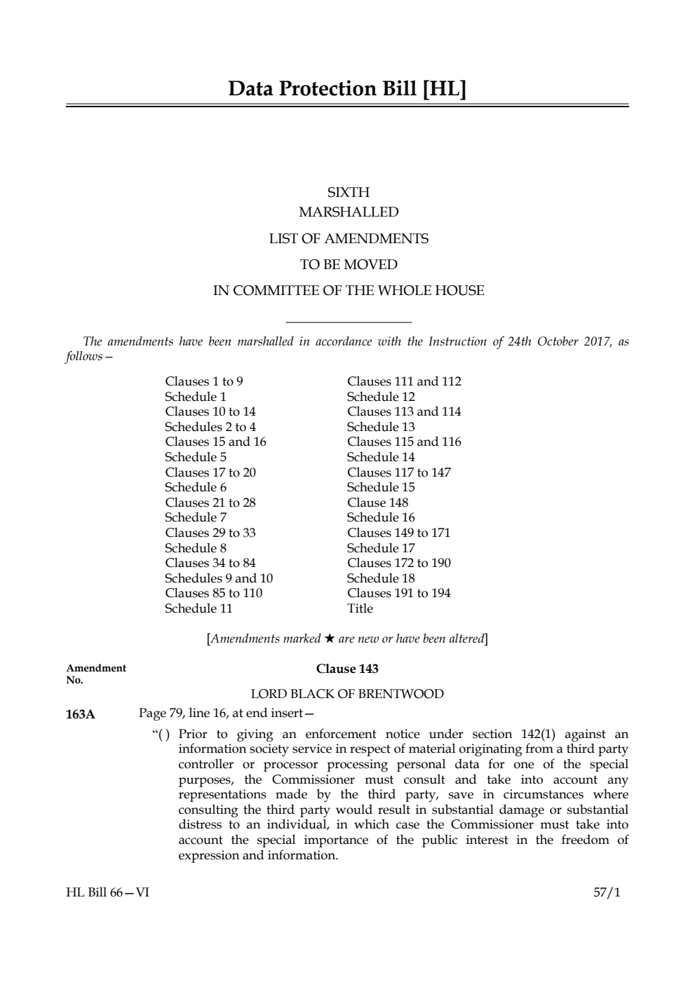 Data Protection Bill Lords Amendments 6th Marshalled List
