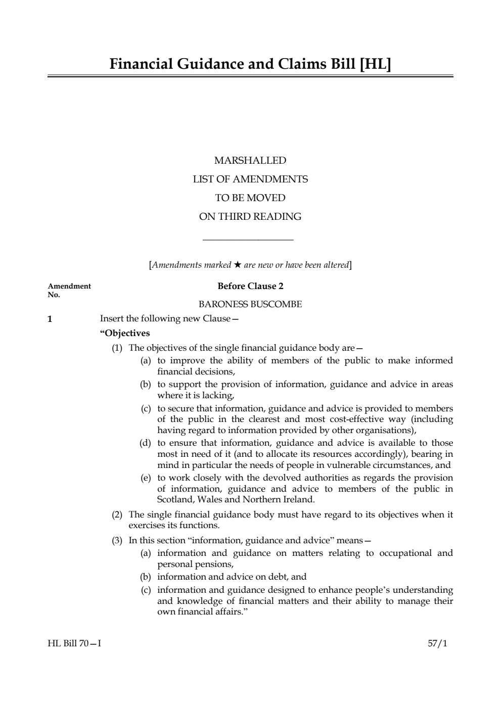Financial Guidance and Claims Bill Lords Amendments 1st Marshalled List