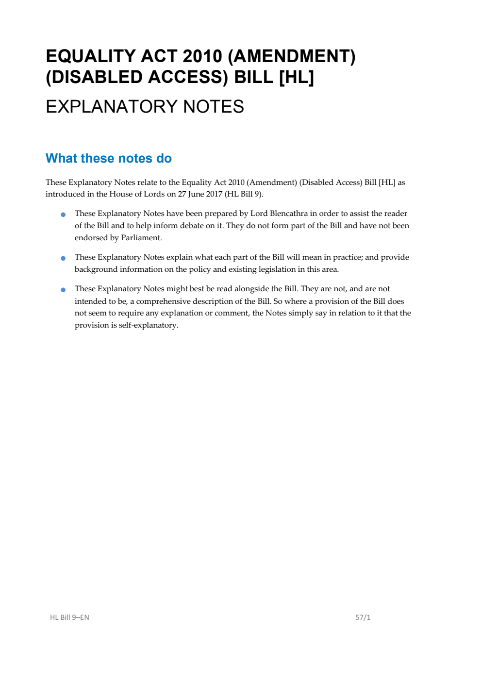 Equality Act 2010 (Amendment) (Disabled Access) Bill Explanatory Notes