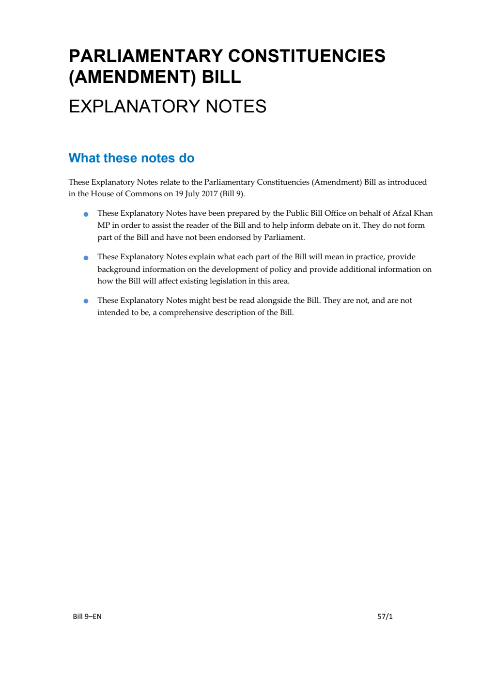 Parliamentary Constituencies (Amendment) Bill Explanatory Notes
