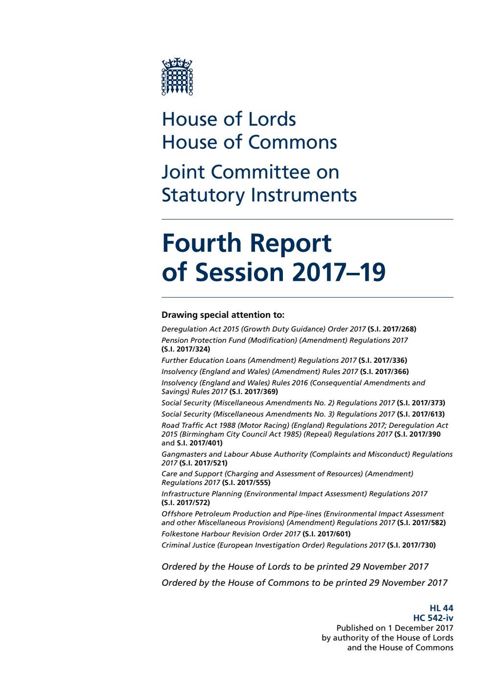 Statutory Instruments Joint Committee 4th Report of Session 2017–19