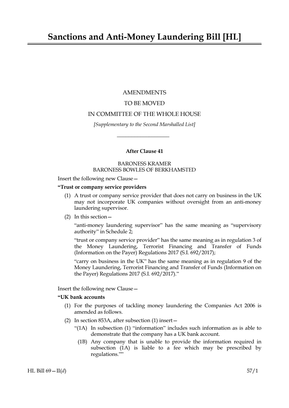 Sanctions and Anti-Money Laundering Bill Lords Amendments