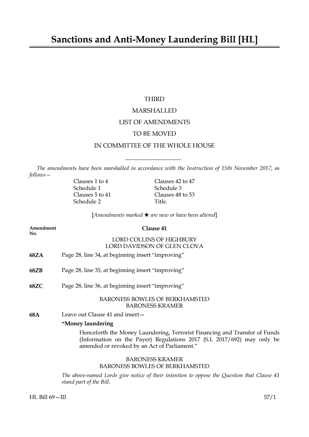 Sanctions and Anti-Money Laundering Bill Lords Amendments 3rd Marshalled List