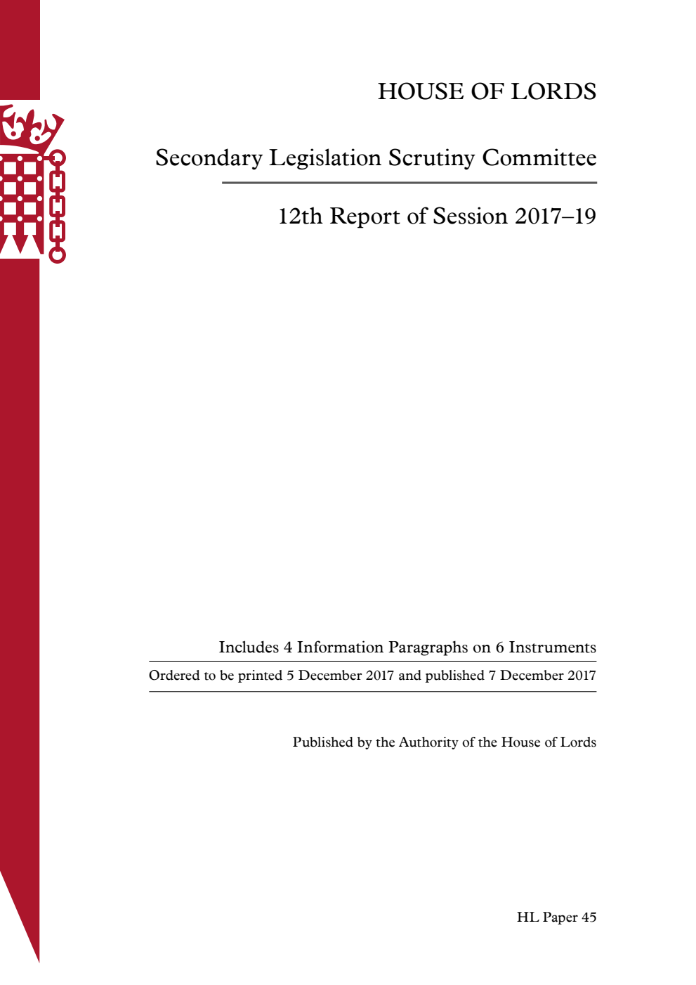 Secondary Legislation Scrutiny Committee 12th Report of Session 2017–19