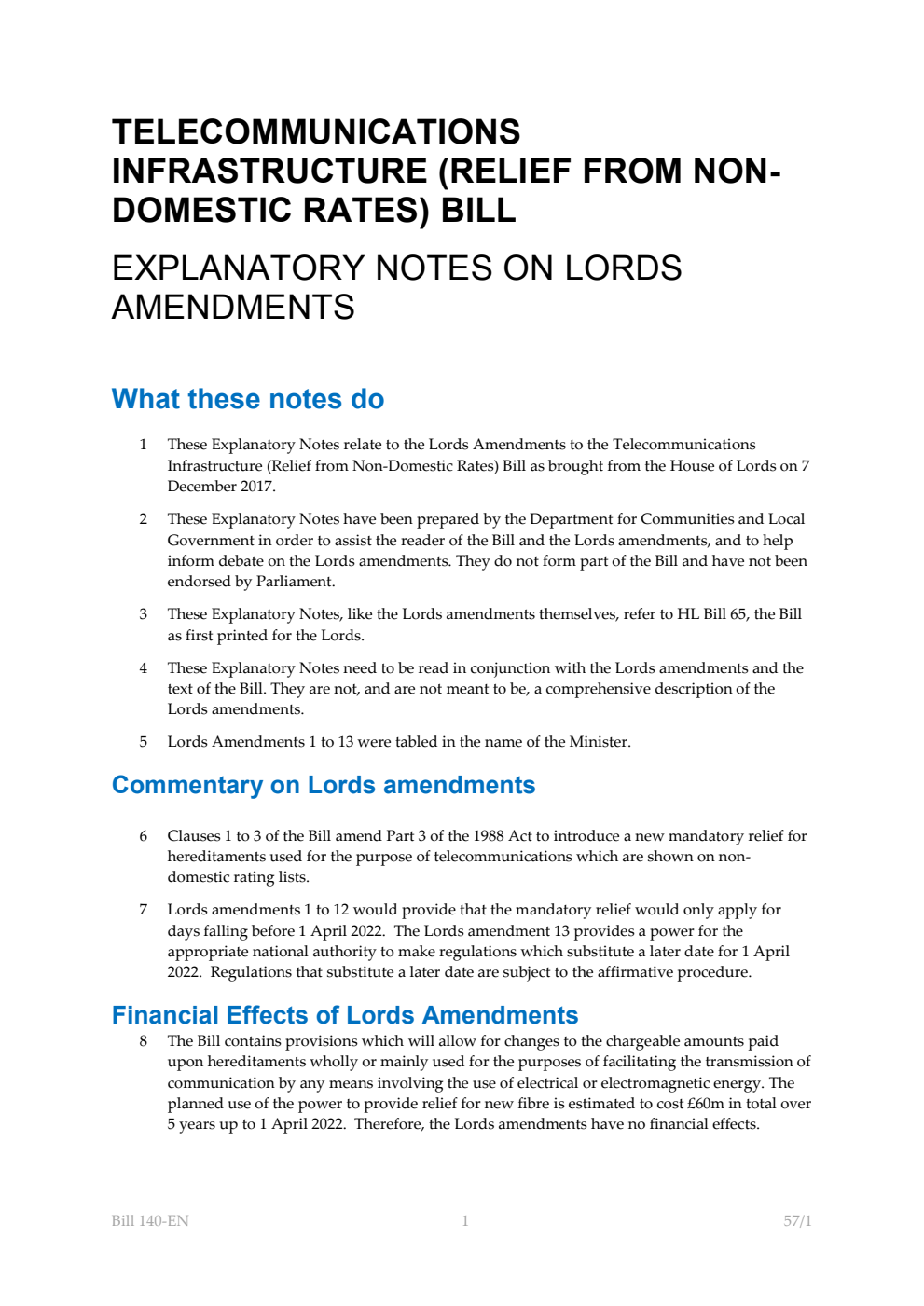 Telecommunications Infrastructure (Relief from Non-Domestic Rates) Bill Explanatory Notes on Lords Amendments