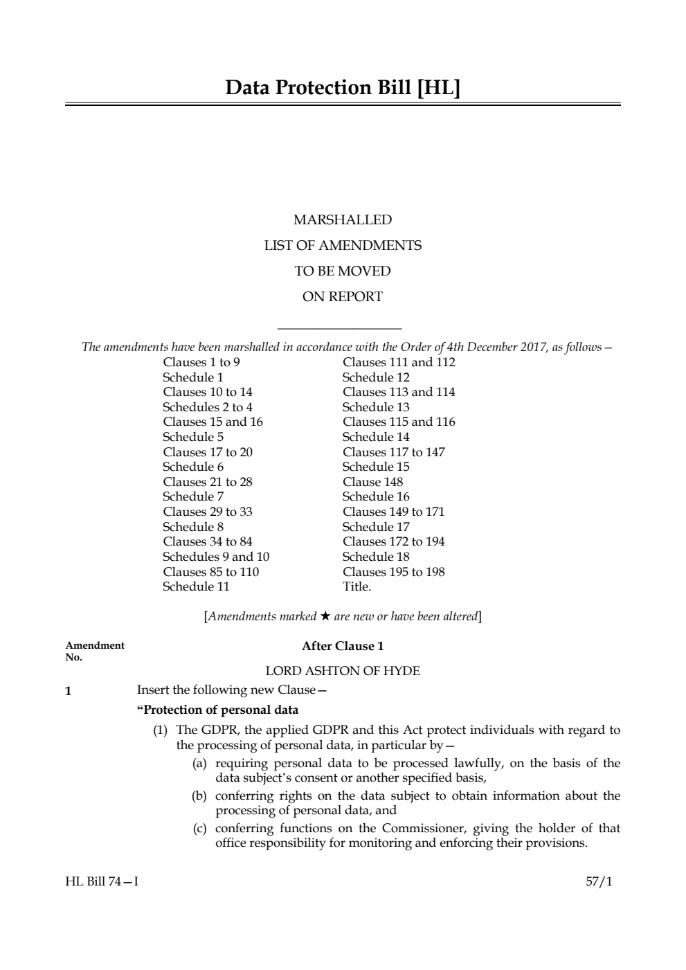 Data Protection Bill Lords Amendments 1st Marshalled List