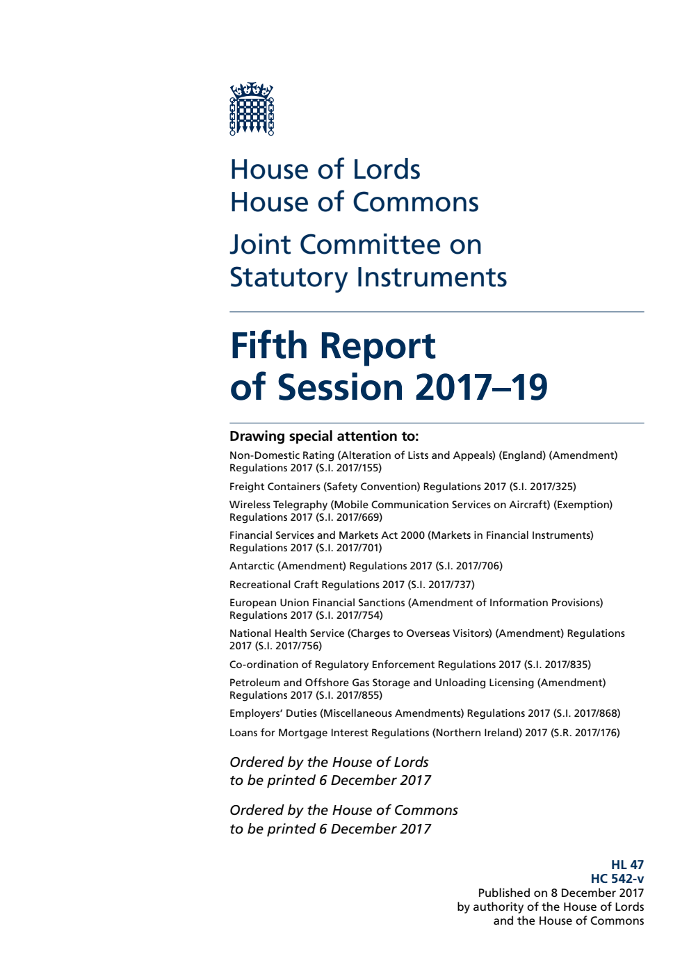 Statutory Instruments Joint Committee 5th Report of Session 2017–19