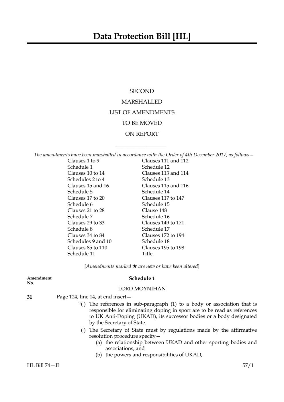 Data Protection Bill Lords Amendments 2nd Marshalled List