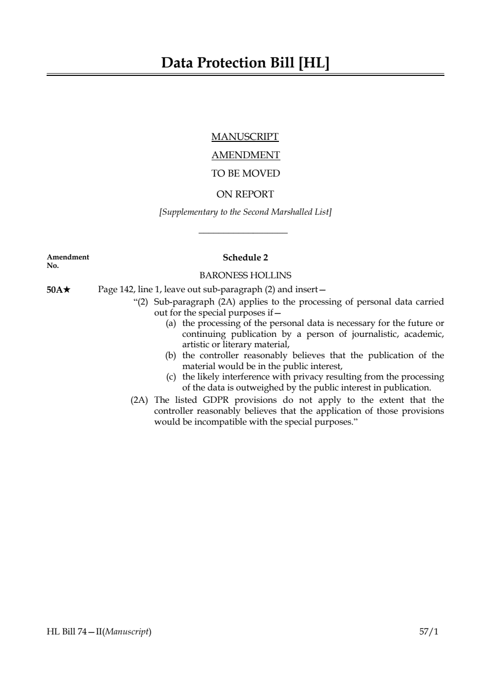 Data Protection Bill Lords Amendments Manuscript Amendment [Supplementary to the Second Marshalled List]
