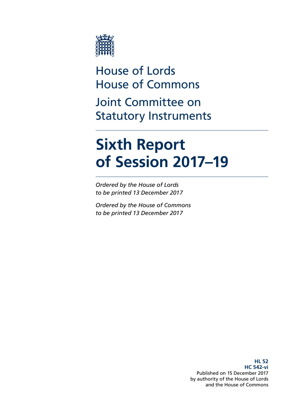 Statutory Instruments Joint Committee 6th Report of Session 2017–19