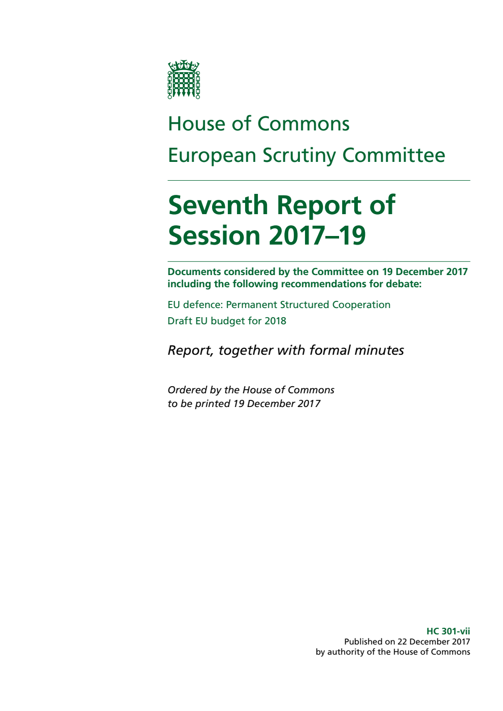 European Scrutiny Committee 7th Report of Session 2017–19