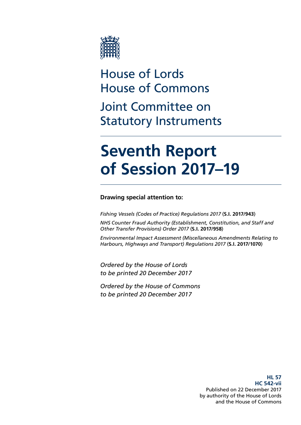 Statutory Instruments Joint Committee 7th Report of Session 2017–19