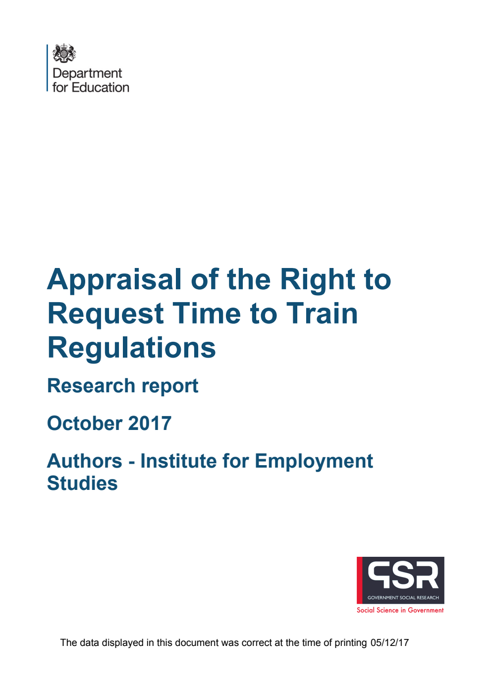 DFE-RR737 Appraisal of the Right to Request Time to Train Regulations