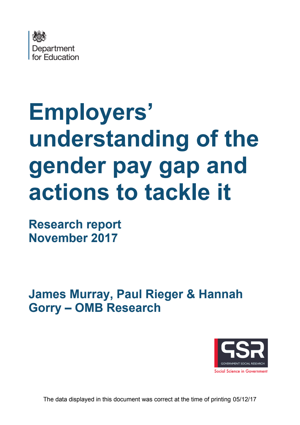 DFE-RR747 Employers’ understanding of the gender pay gap and actions to tackle it