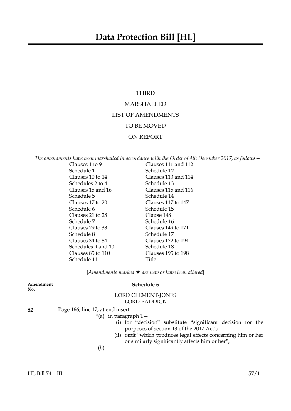 Data Protection Bill Lords Amendments 3rd Marshalled List