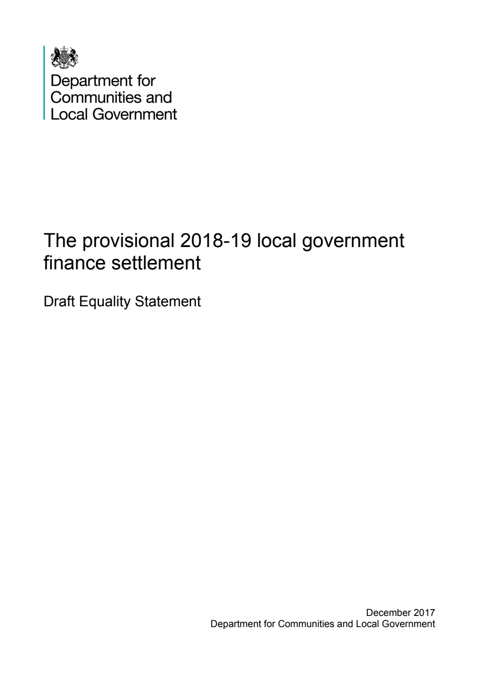 The provisional 2018-19 local government finance settlement. Draft Equality Statement