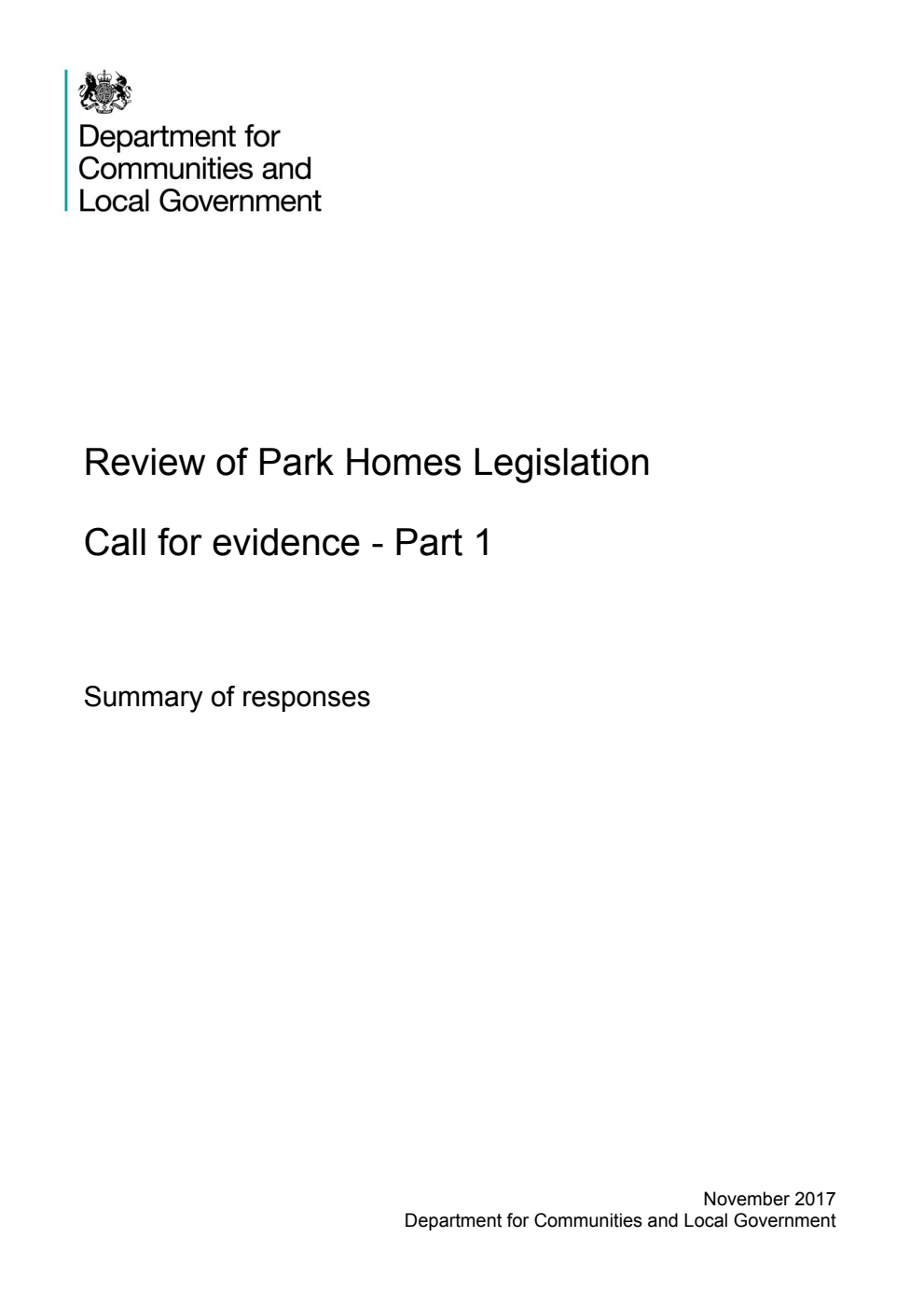 Review of Park Homes Legislation. Call for evidence - Part 1. Summary of responses