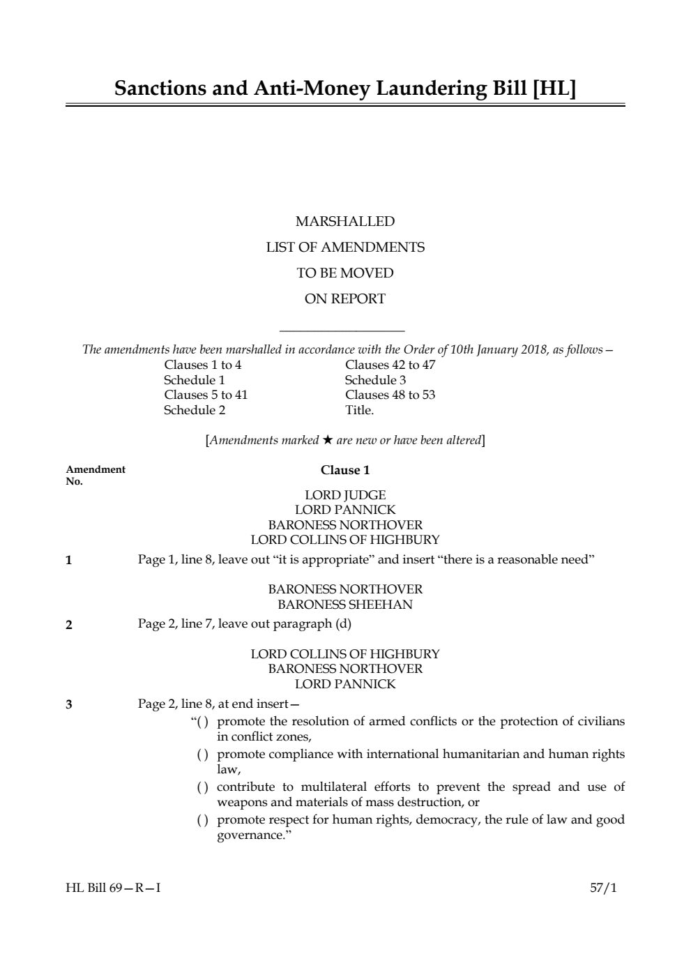 Sanctions and Anti-Money Laundering Bill Lords Amendments 1st Marshalled List
