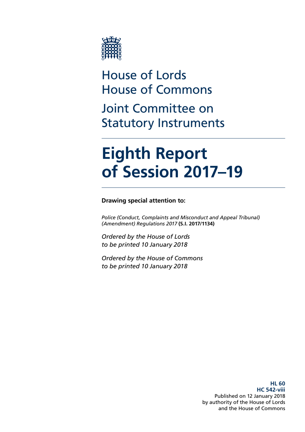 Statutory Instruments Joint Committee 8th Report of Session 2017–19