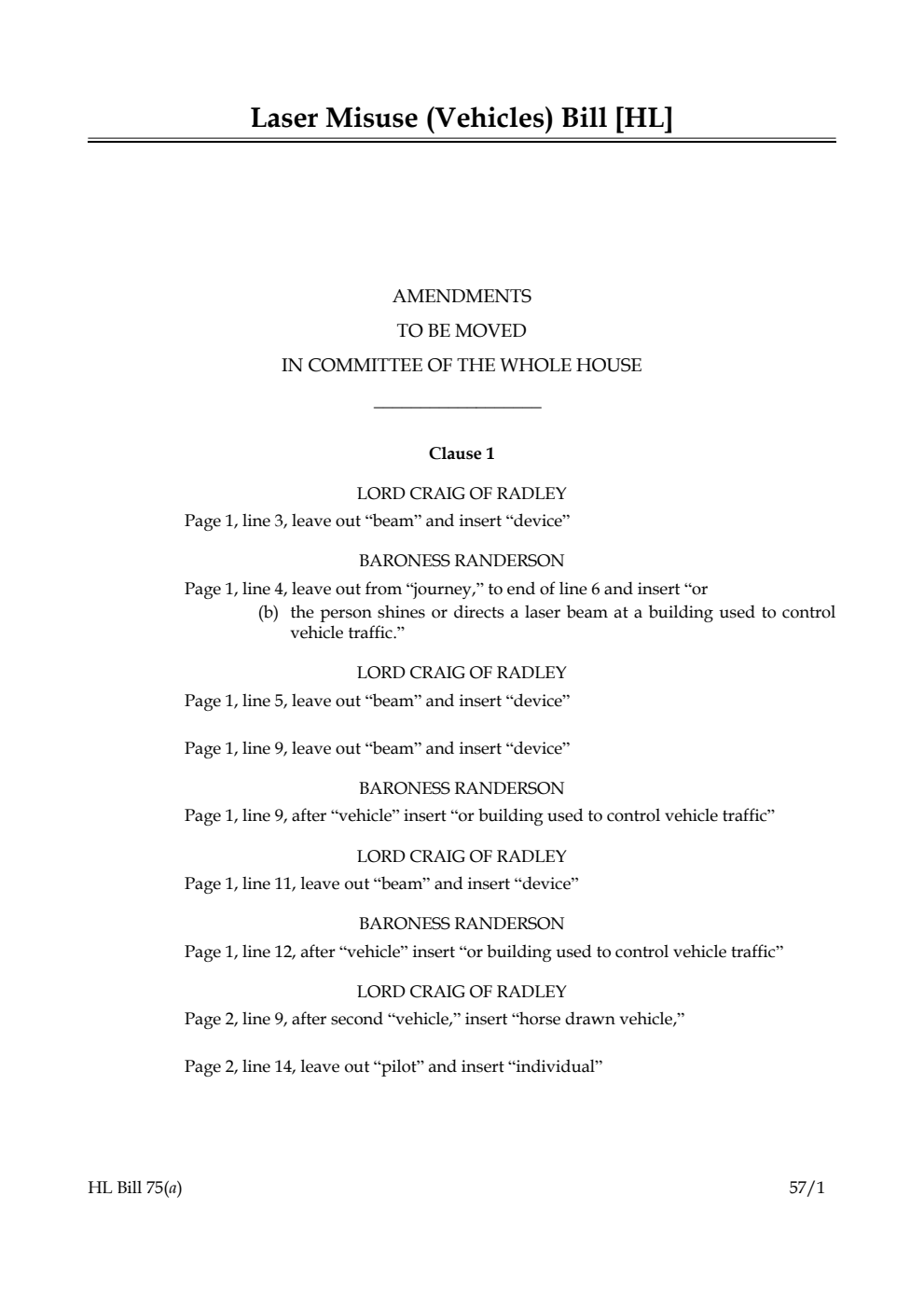 Laser Misuse (Vehicles) Bill Lords Amendments