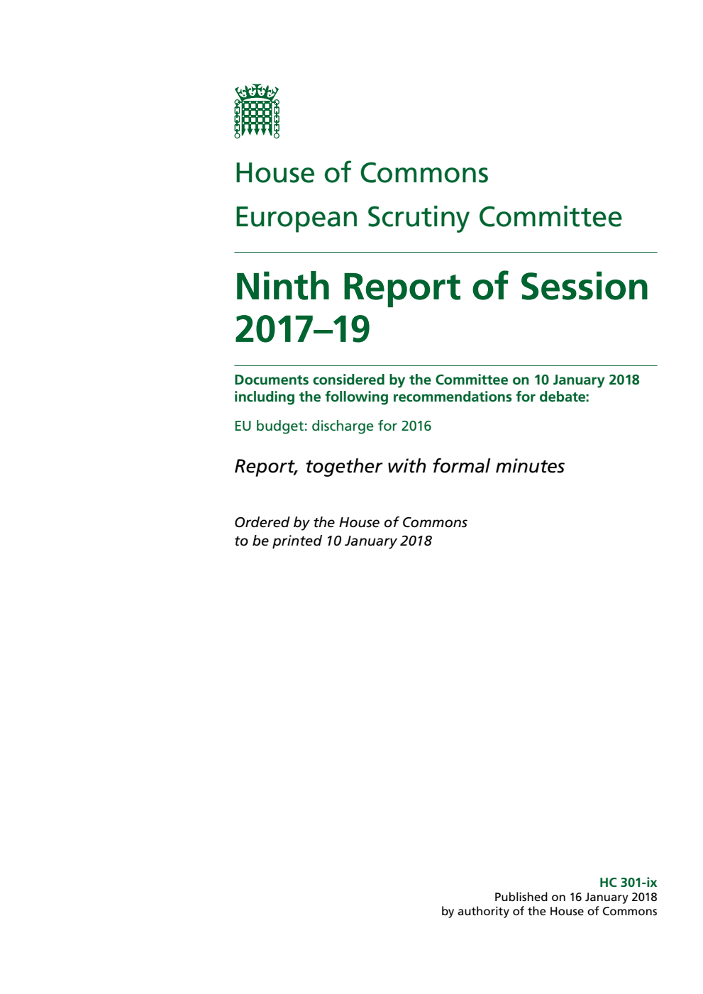 European Scrutiny Committee 9th Report of Session 2017–19