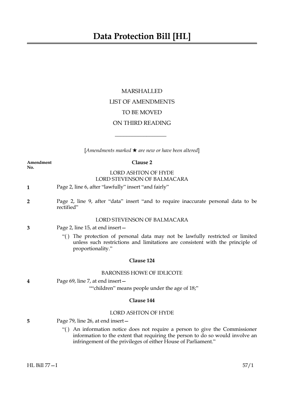 Data Protection Bill Lords Amendments 1st Marshalled List