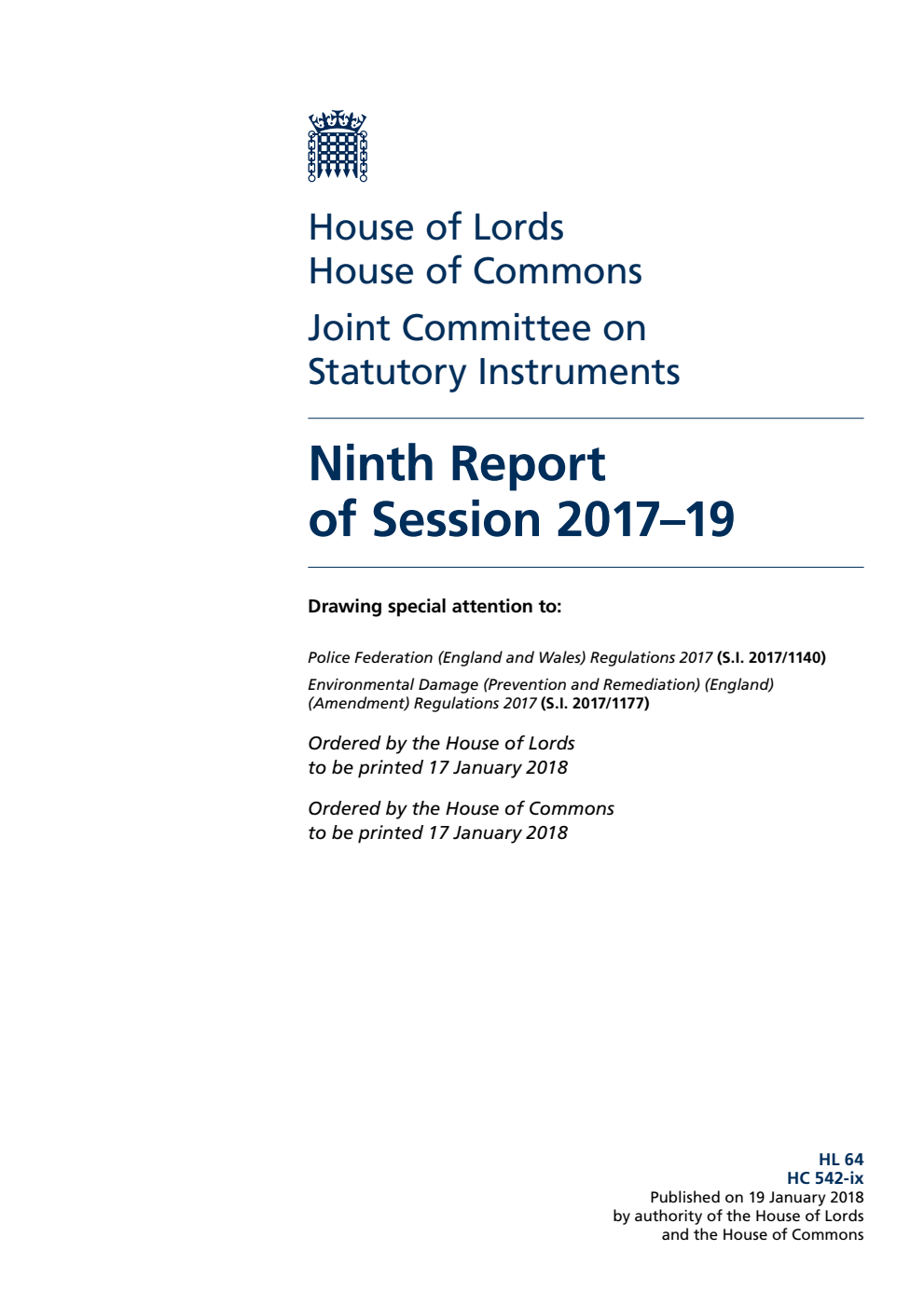 Statutory Instruments Joint Committee 9th Report of Session 2017–19