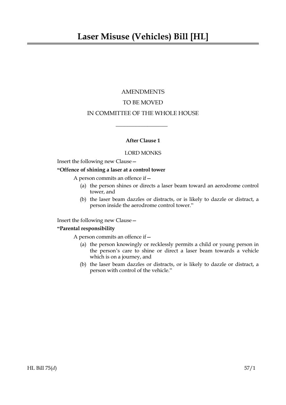Laser Misuse (Vehicles) Bill Lords Amendments