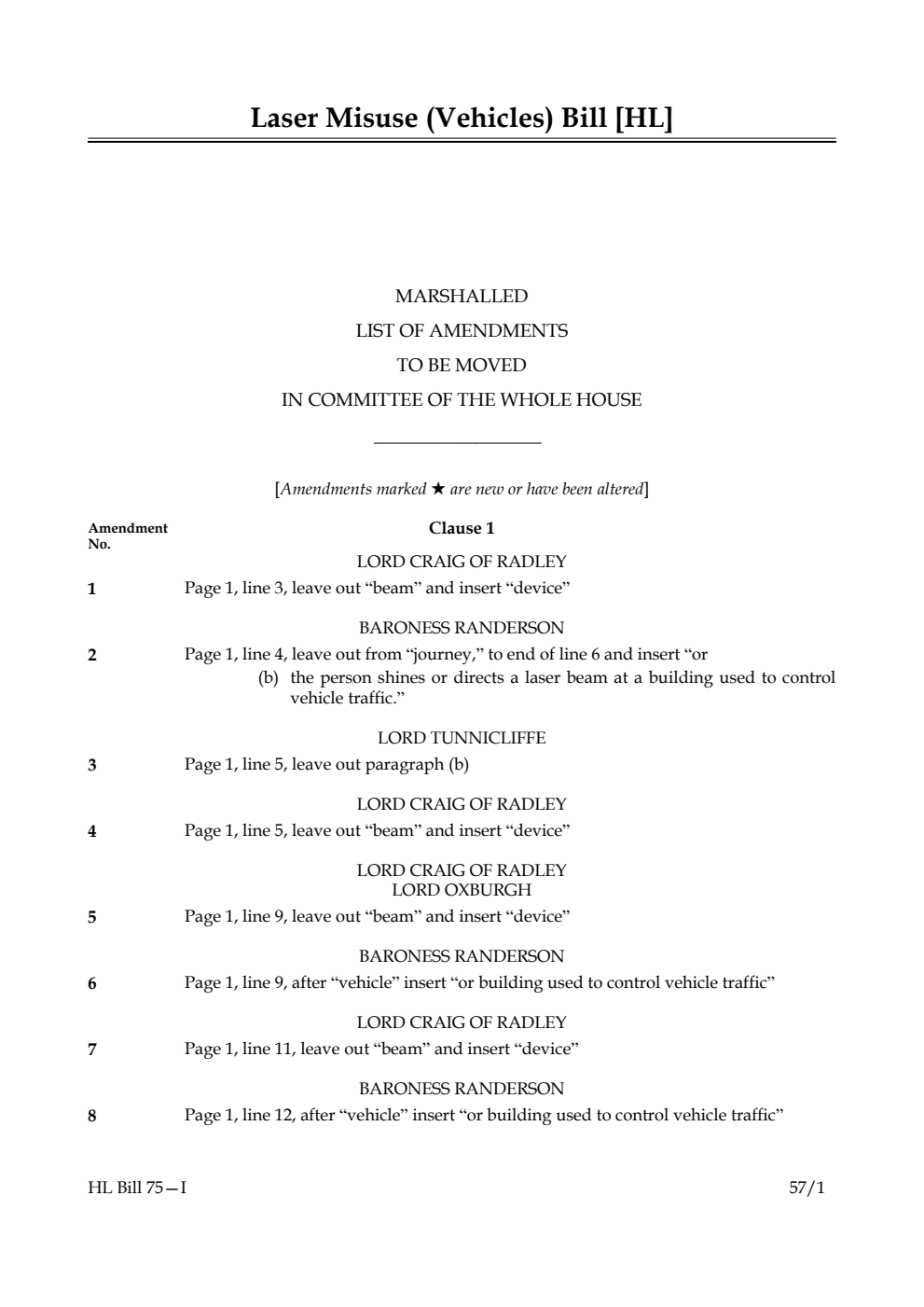 Laser Misuse (Vehicles) Bill Lords Amendments 1st Marshalled List