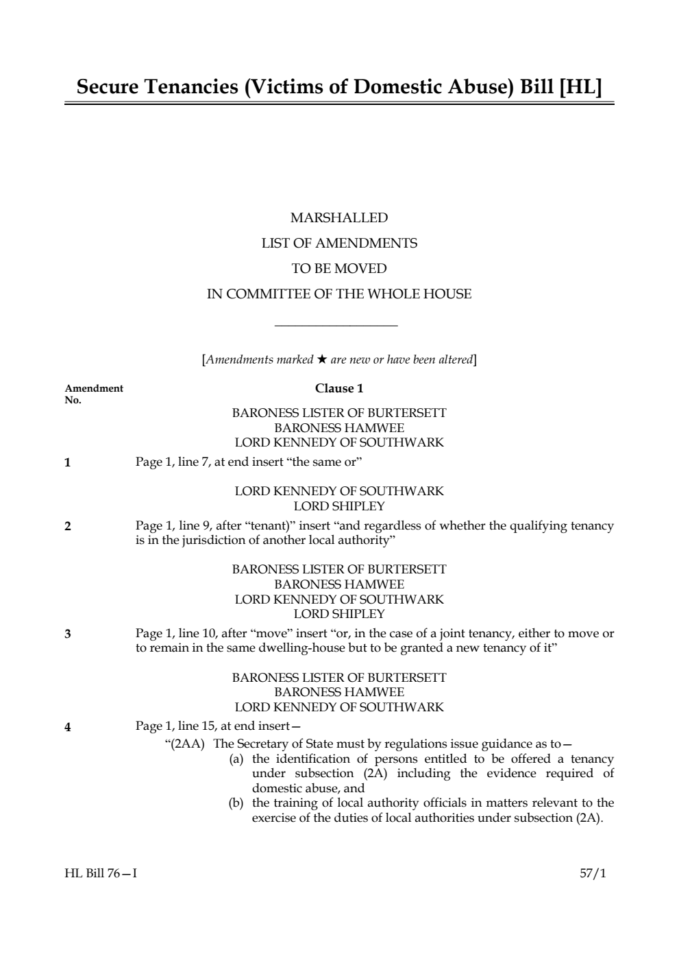 Secure Tenancies (Victims of Domestic Abuse) Bill Lords Amendments 1st Marshalled List